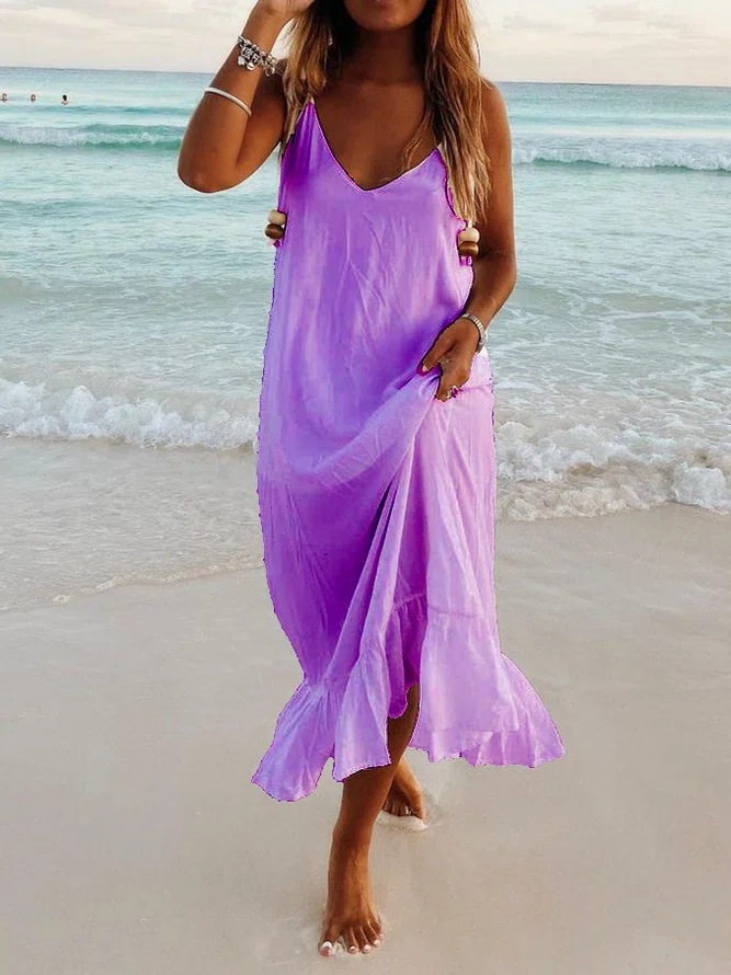 Women's Casual V-Neck Plain Ruffle Hem Sleeveless Dress-Comfort & Reliable