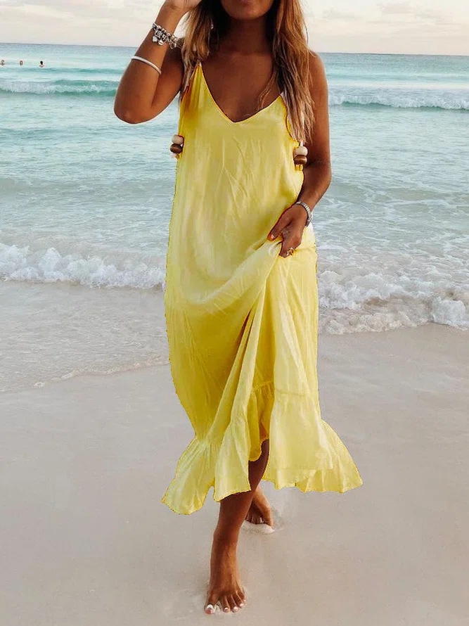Women's Casual V-Neck Plain Ruffle Hem Sleeveless Dress-Comfort & Reliable