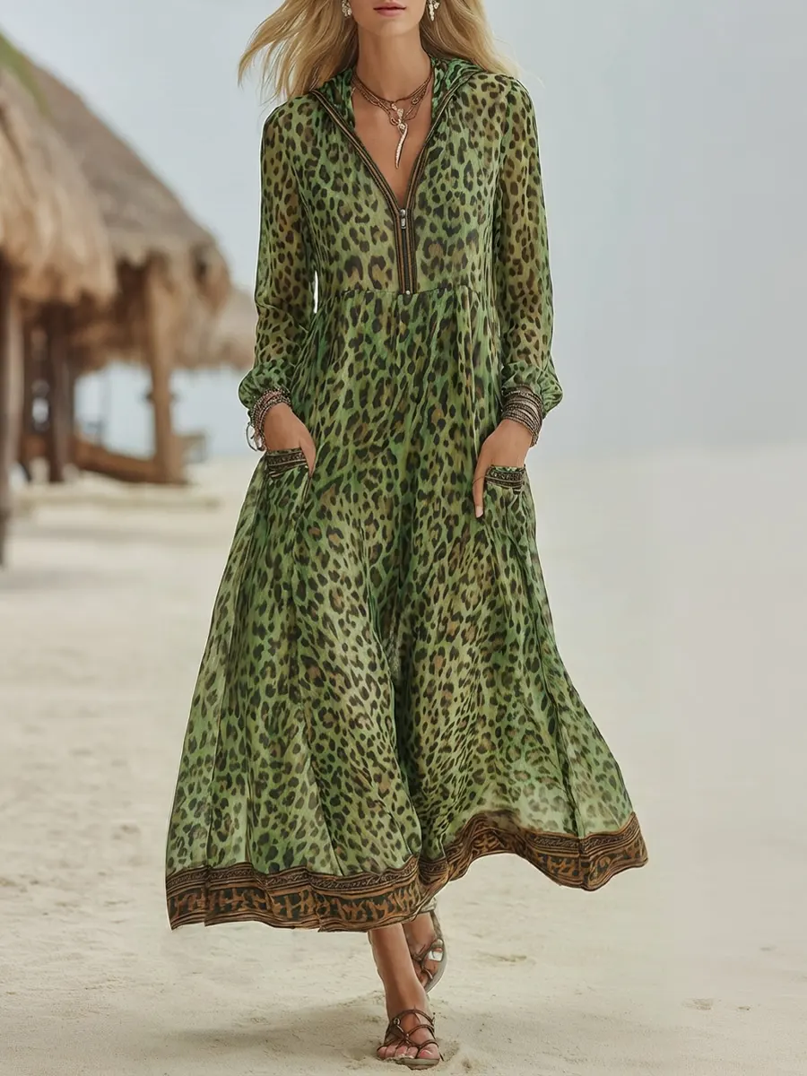 Women's Retro Casual Leopard Print Art Hooded Midi Dress