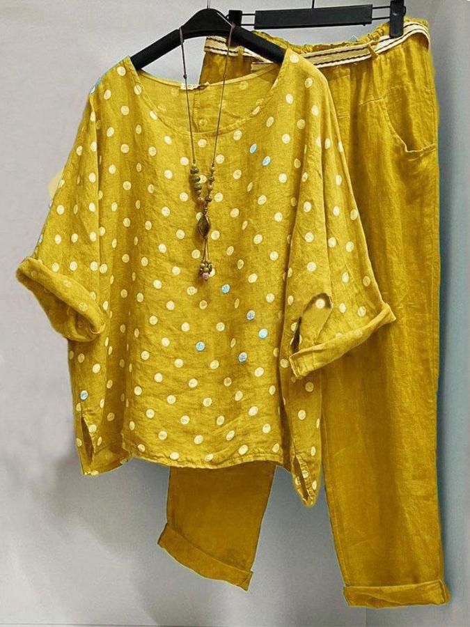Women's Polka Dots Printed Cotton And Linen Two Pieces Suit-Comfort & Reliable