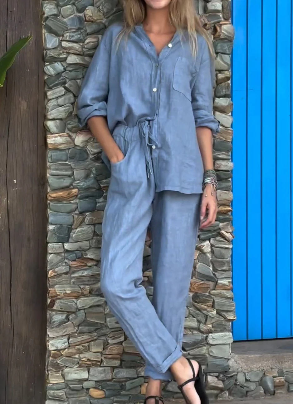 Casual Solid Color V-Neck Shirt & Pants Cotton Linen Two-Piece Set-Comfort & Reliable