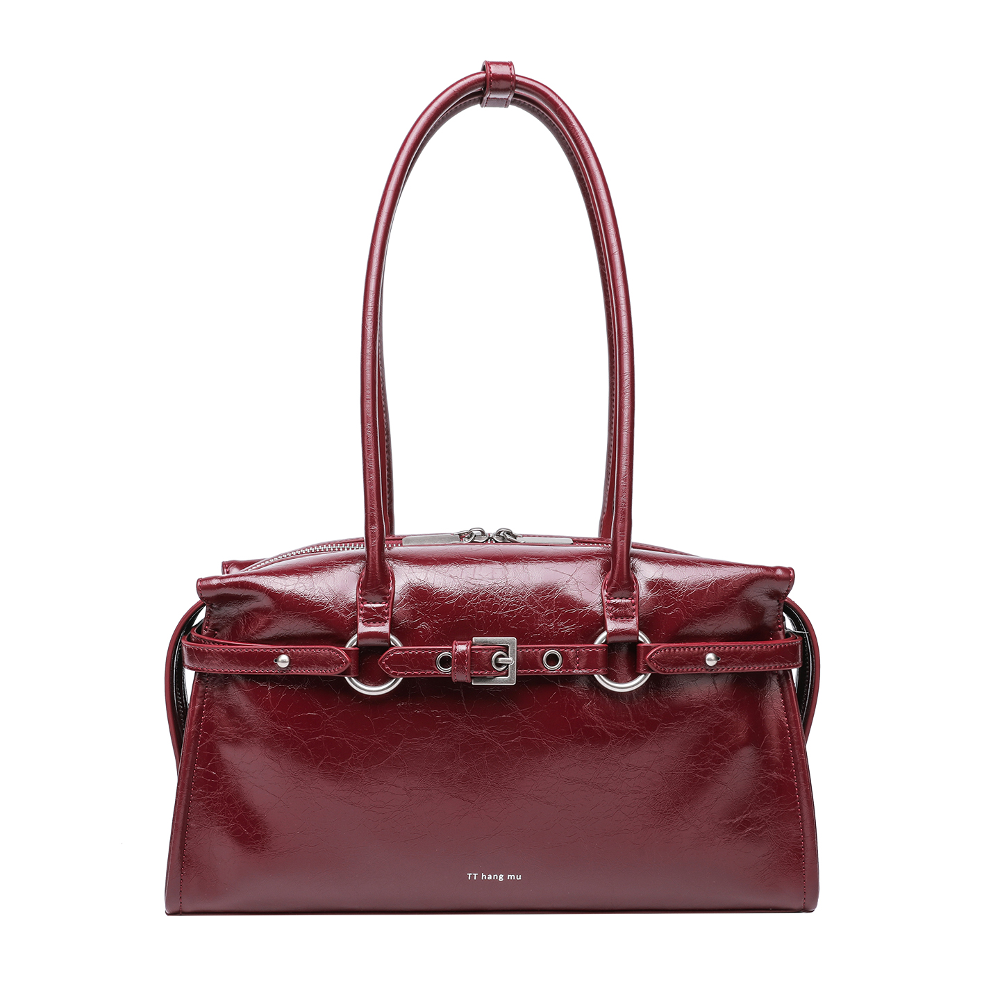 Retro Burgundy Cracked Leather Belt Buckle Shoulder Handbag