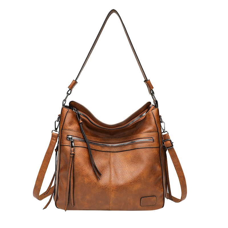 Vintage Brown Faux Leather Multi-Pocket Crossbody Hobo Bag