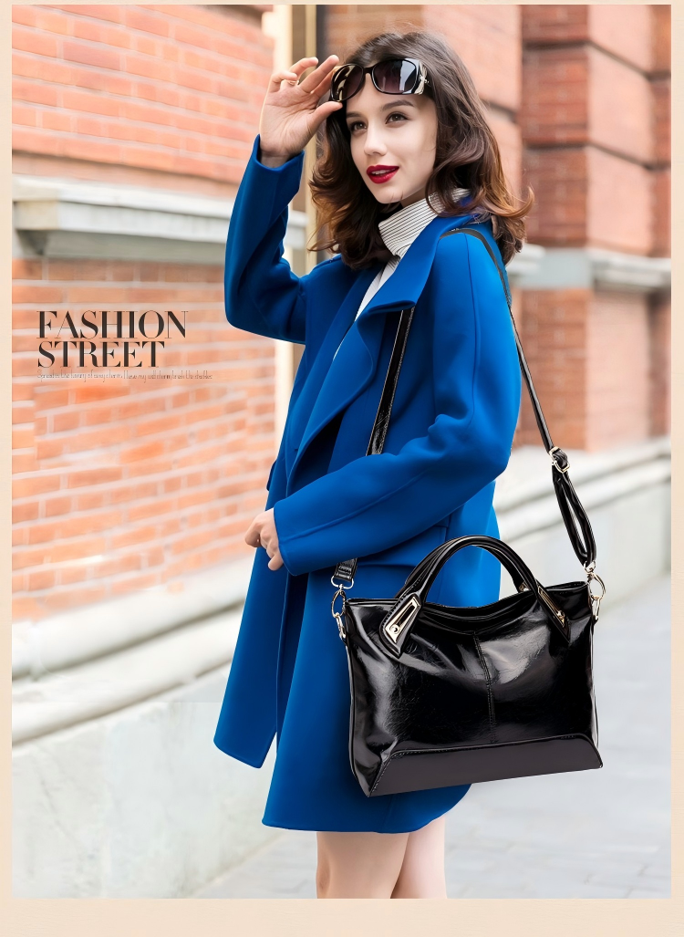 Glossy Black Oil Wax Leather Large Tote Handbag with Detachable Strap