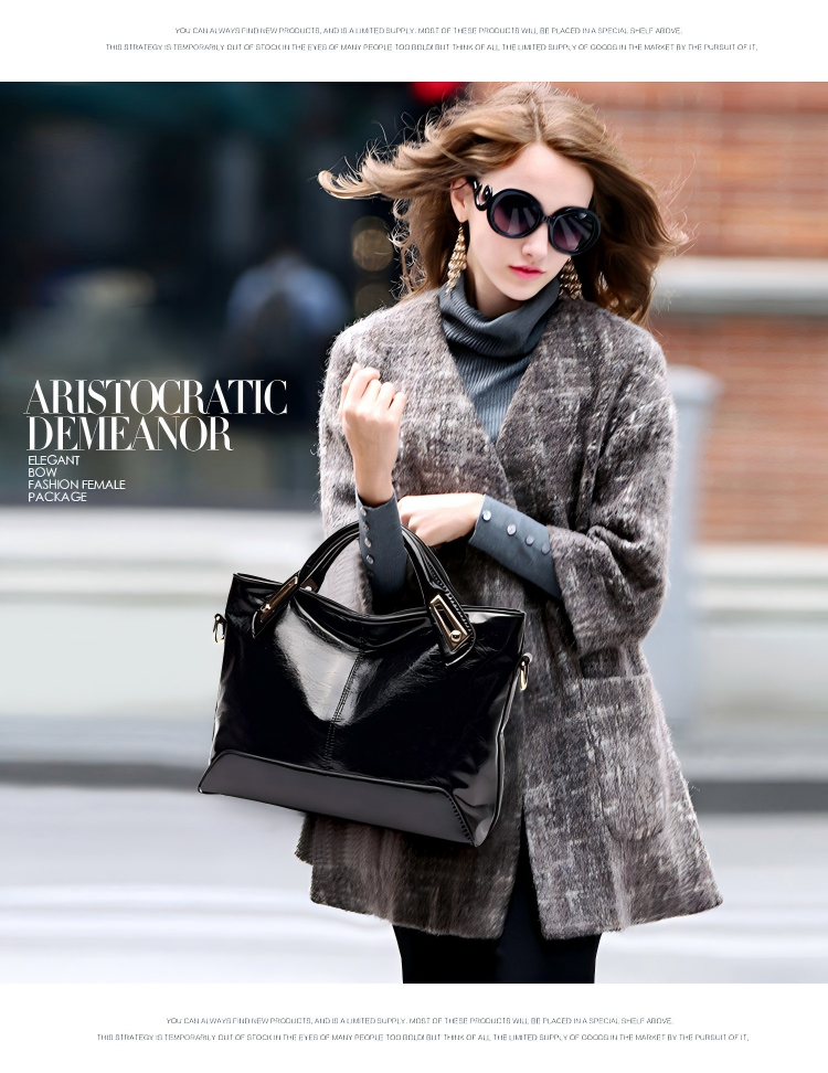 Glossy Black Oil Wax Leather Large Tote Handbag with Detachable Strap