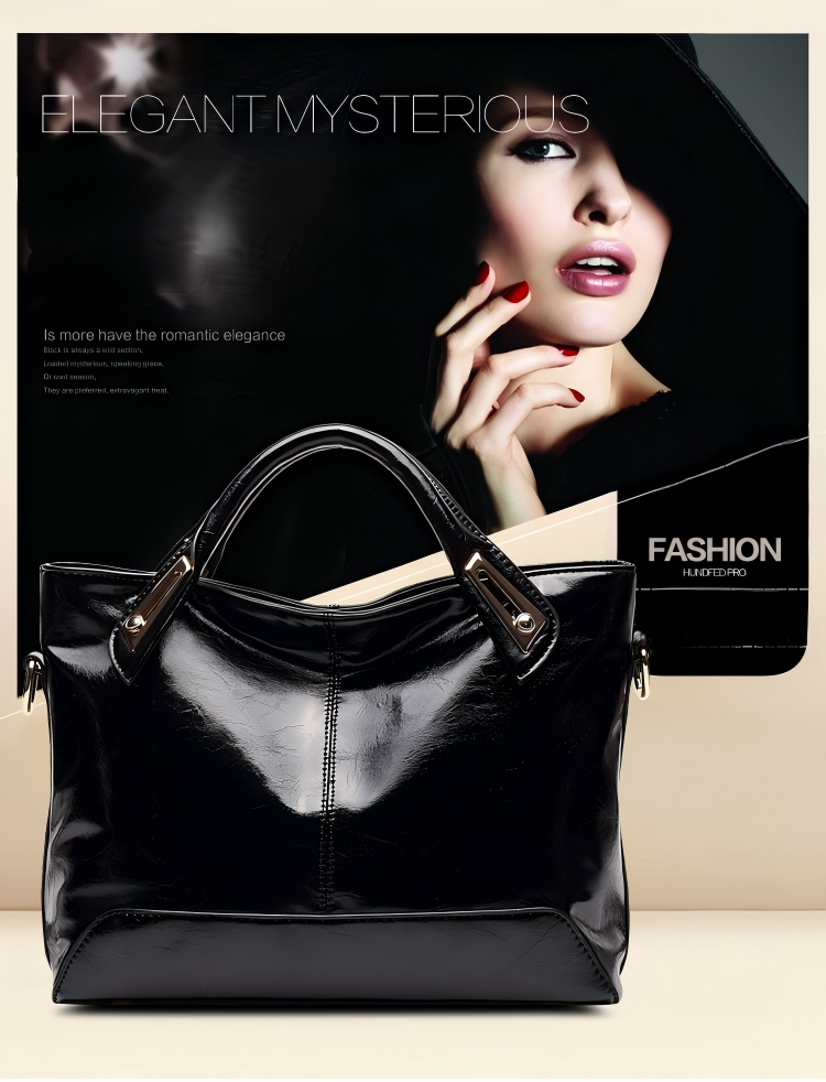 Glossy Black Oil Wax Leather Large Tote Handbag with Detachable Strap