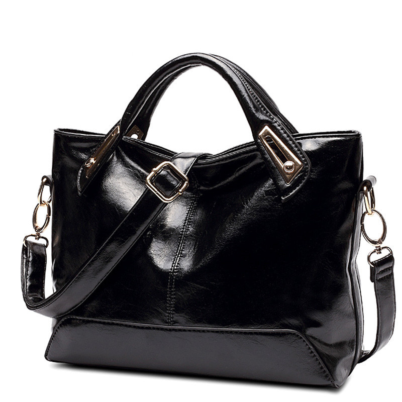 Glossy Black Oil Wax Leather Large Tote Handbag with Detachable Strap