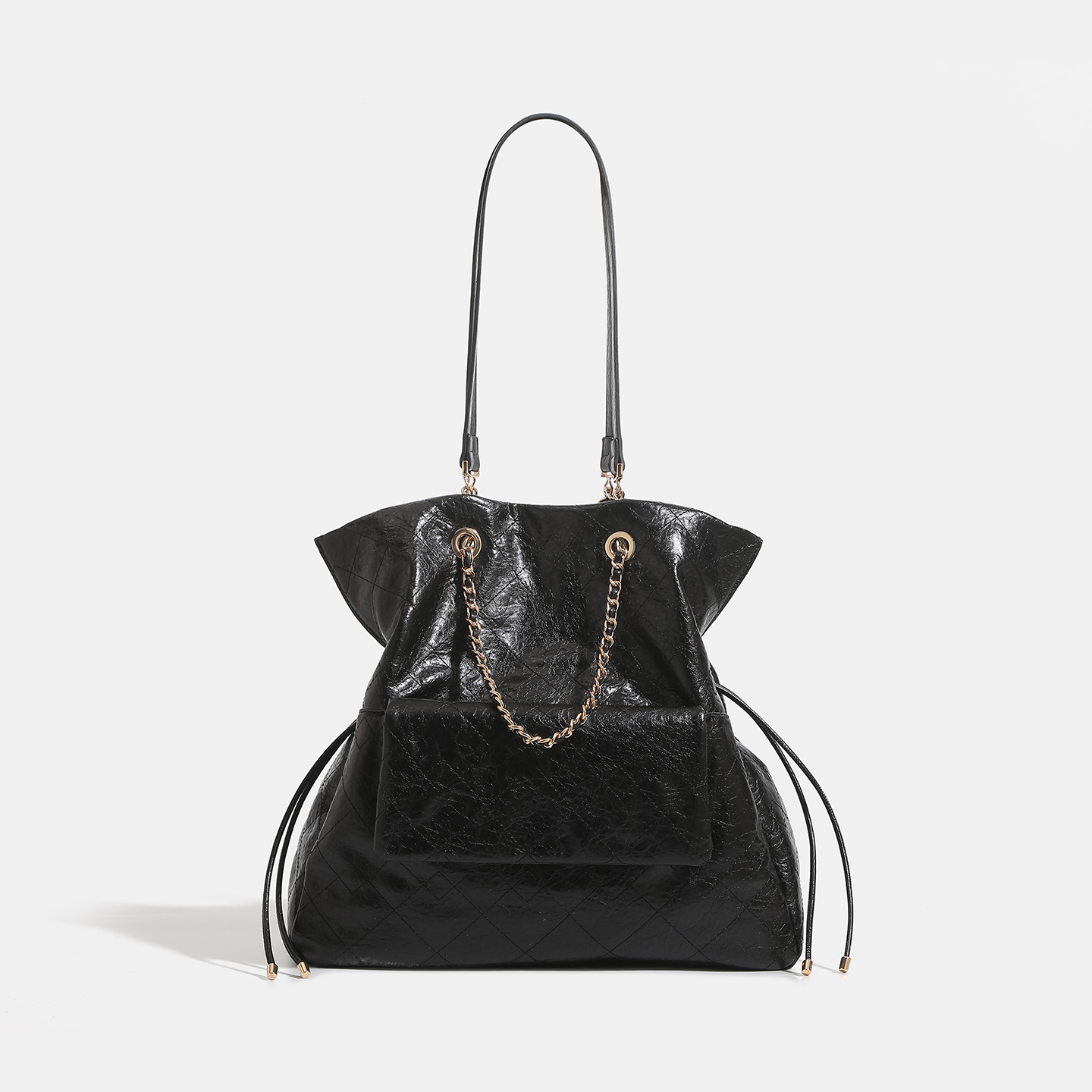 Black Crinkled Leather Quilted Chain Drawstring Large Tote Shoulder Bag