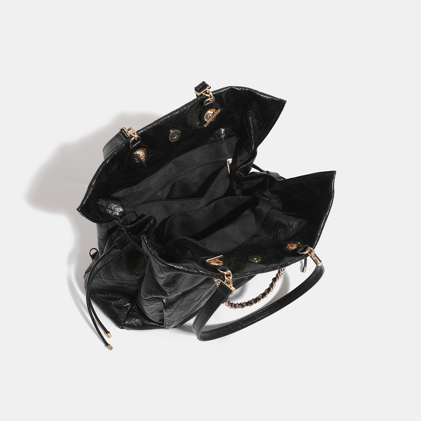 Black Crinkled Leather Quilted Chain Drawstring Large Tote Shoulder Bag