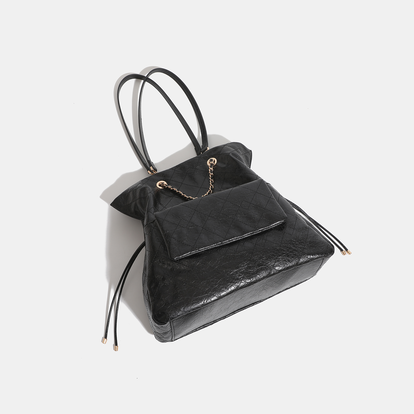 Black Crinkled Leather Quilted Chain Drawstring Large Tote Shoulder Bag