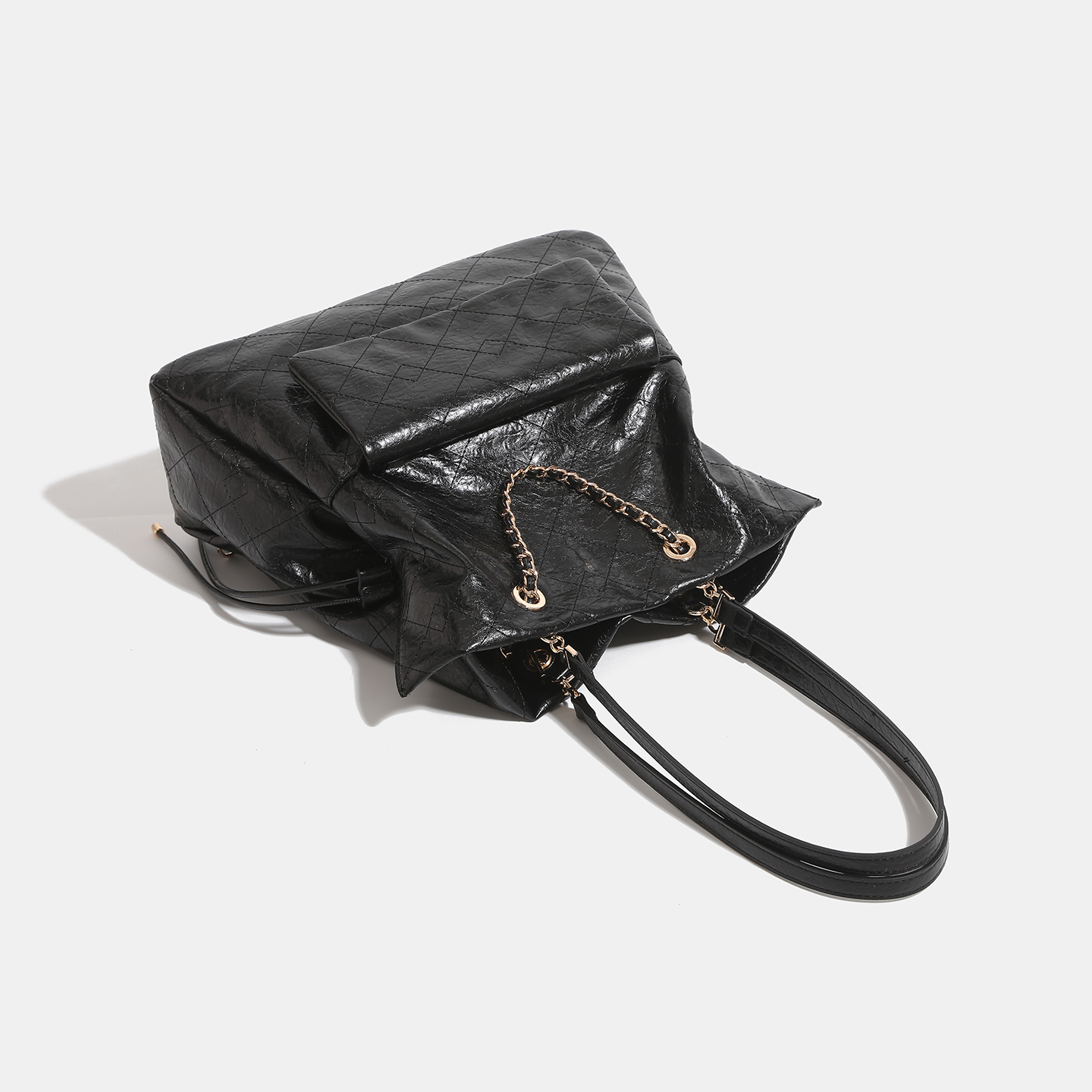 Black Crinkled Leather Quilted Chain Drawstring Large Tote Shoulder Bag