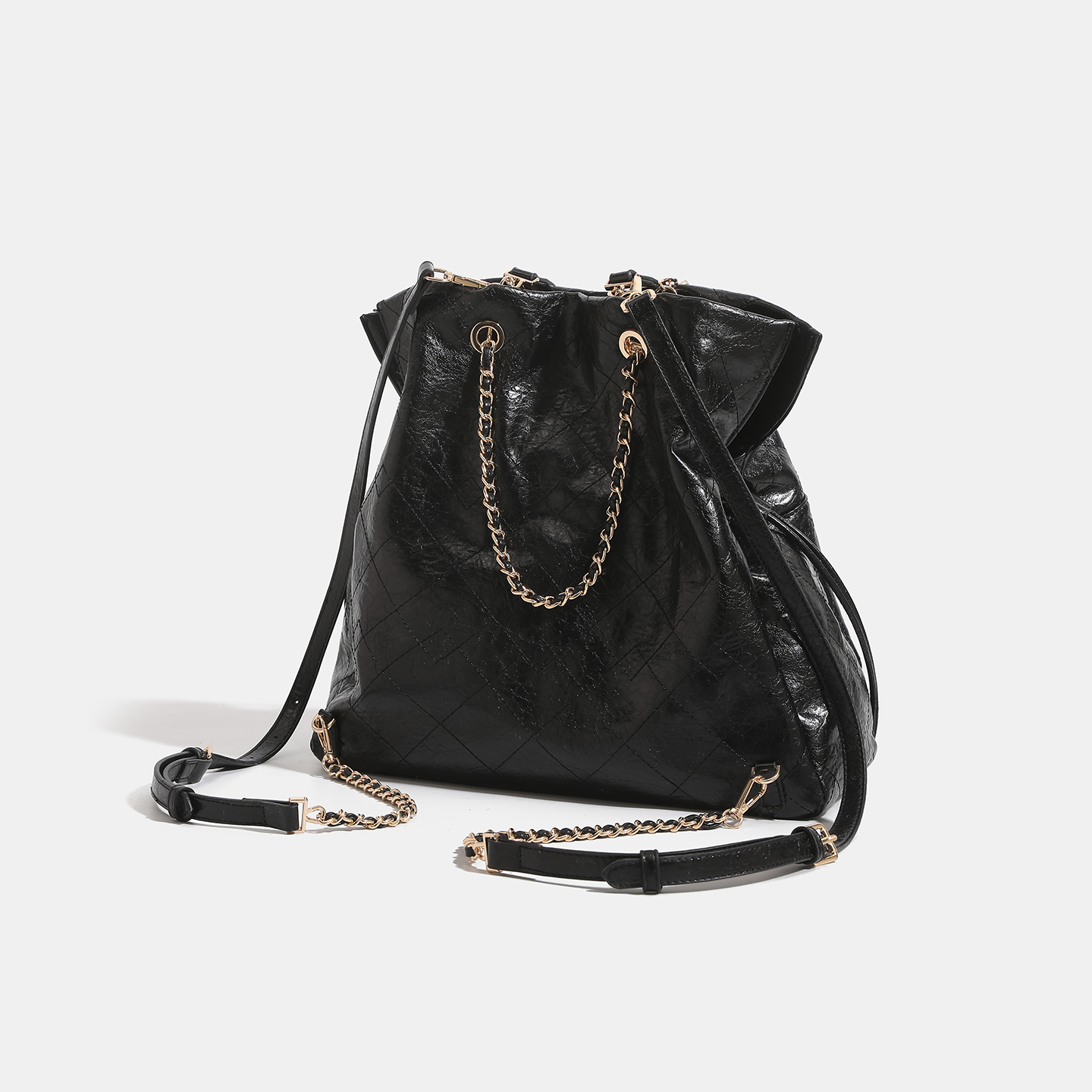 Black Crinkled Leather Quilted Chain Drawstring Large Tote Shoulder Bag