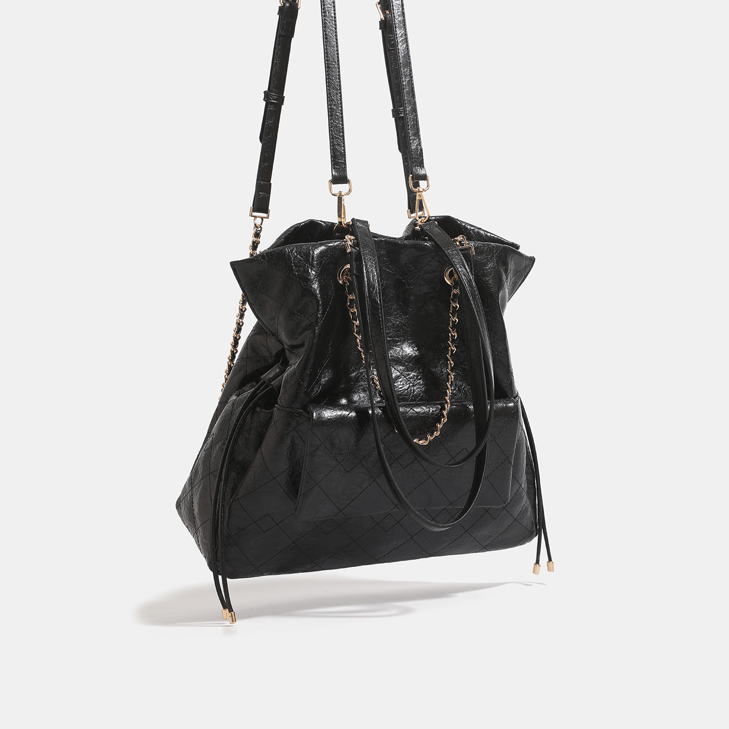 Black Crinkled Leather Quilted Chain Drawstring Large Tote Shoulder Bag