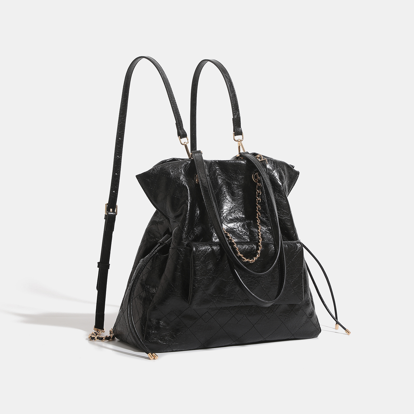 Black Crinkled Leather Quilted Chain Drawstring Large Tote Shoulder Bag