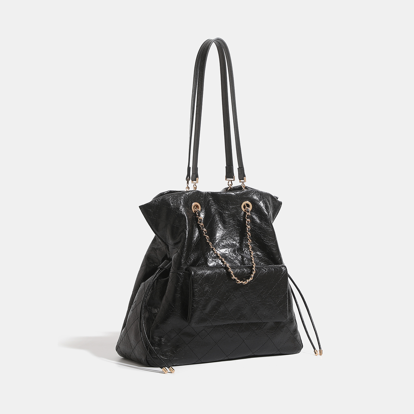 Black Crinkled Leather Quilted Chain Drawstring Large Tote Shoulder Bag