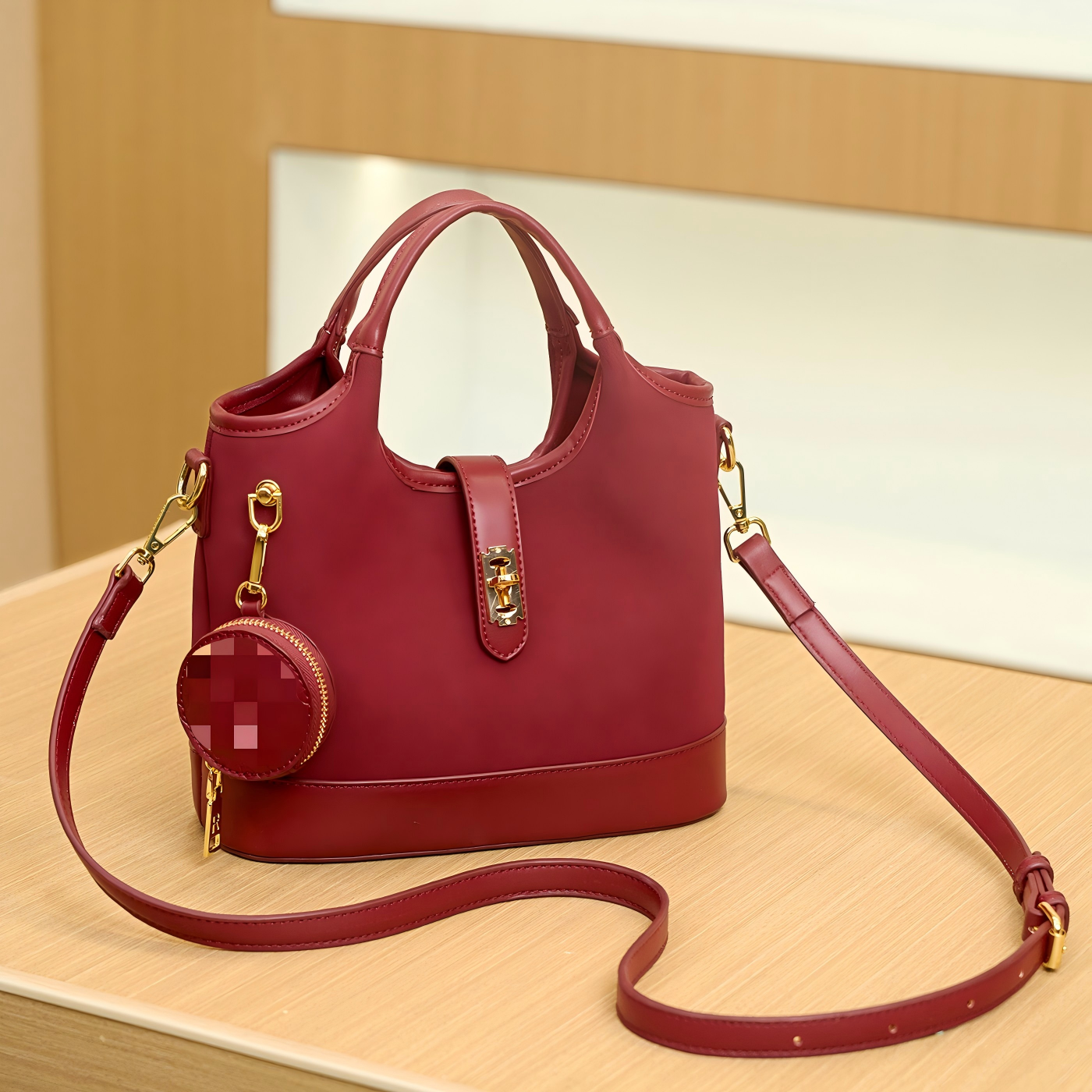 Wine Red Two-Tone Bucket Handbag with Mini Coin Pouch, Crossbody Tote Bag