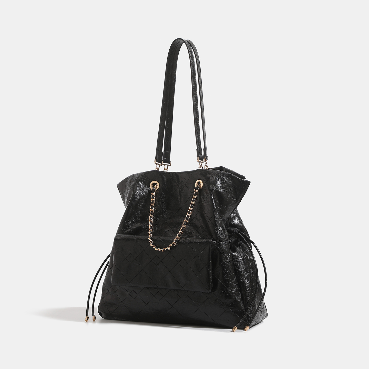 Black Crinkled Leather Quilted Chain Drawstring Large Tote Shoulder Bag