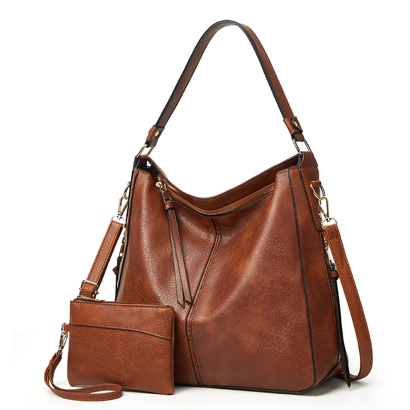 Vintage Oil Wax Leather Hobo Shoulder Bag with Matching Mini Coin Purse
