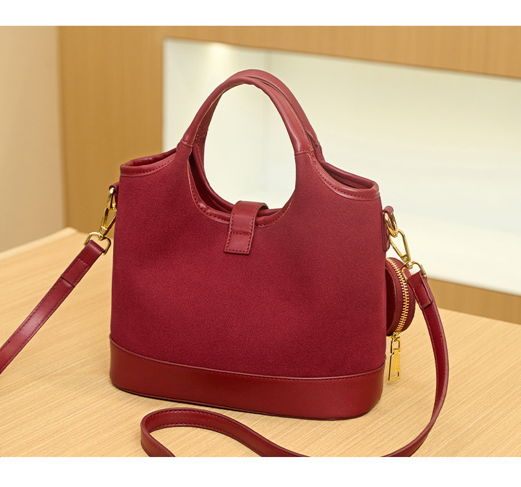 Wine Red Two-Tone Bucket Handbag with Mini Coin Pouch, Crossbody Tote Bag