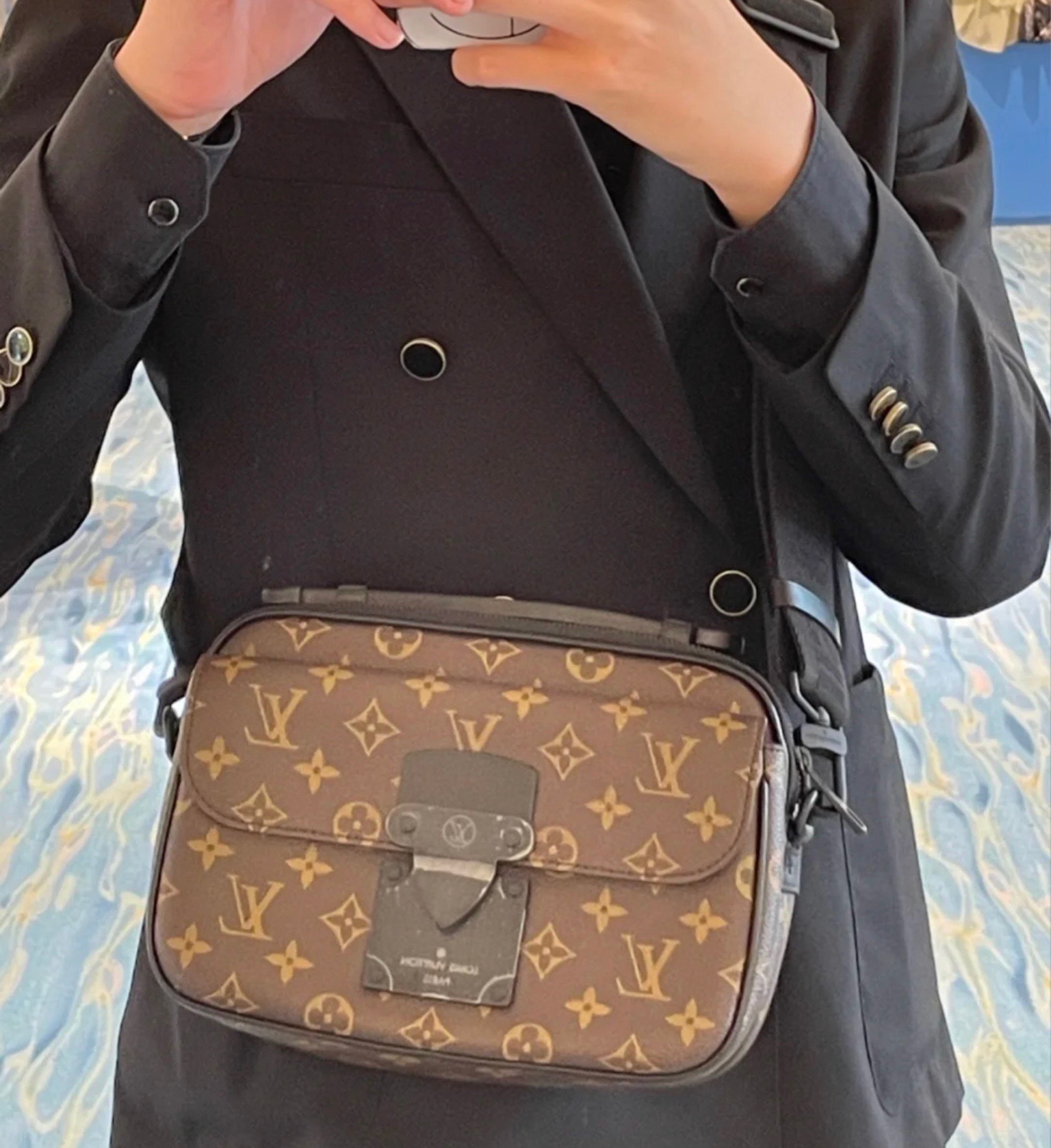 Vintage Monogram Print Square Camera Crossbody Bag with Wide Adjustable Strap