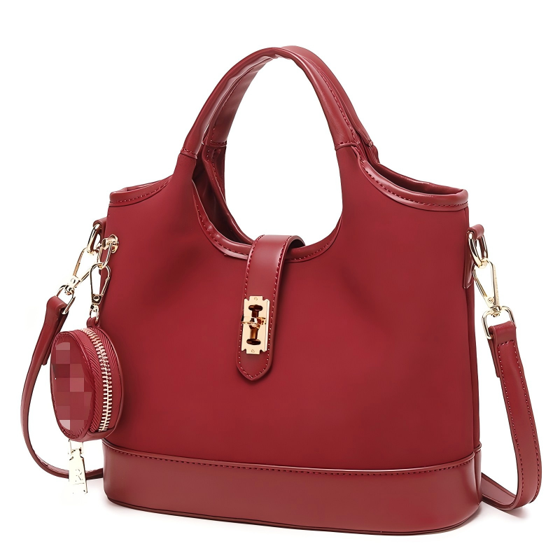 Wine Red Two-Tone Bucket Handbag with Mini Coin Pouch, Crossbody Tote Bag
