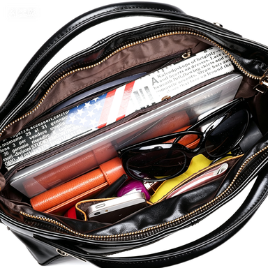 Glossy Black Oil Wax Leather Large Tote Handbag with Detachable Strap