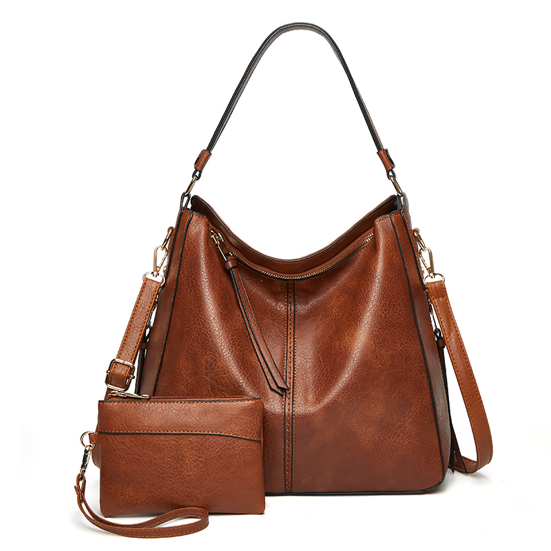 Vintage Oil Wax Leather Hobo Shoulder Bag with Matching Mini Coin Purse