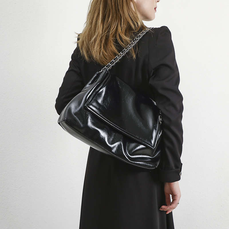 Glossy Black Patent Leather Large Chain Shoulder Tote Bag