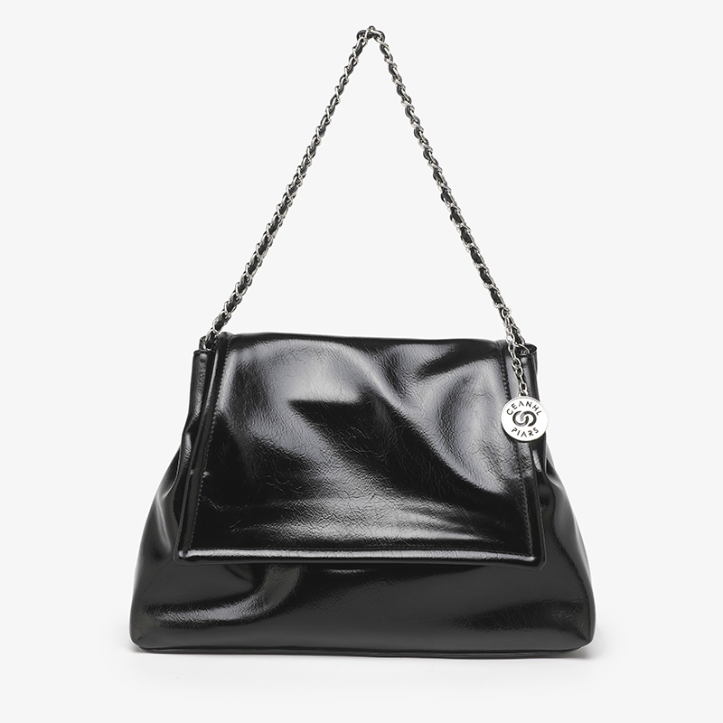 Glossy Black Patent Leather Large Chain Shoulder Tote Bag