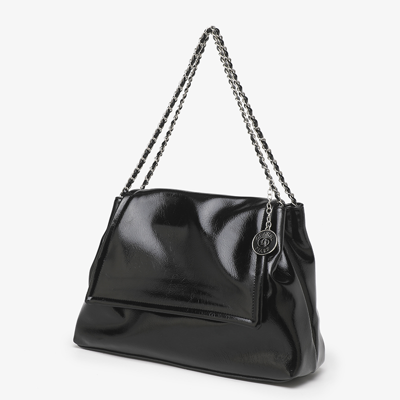Glossy Black Patent Leather Large Chain Shoulder Tote Bag