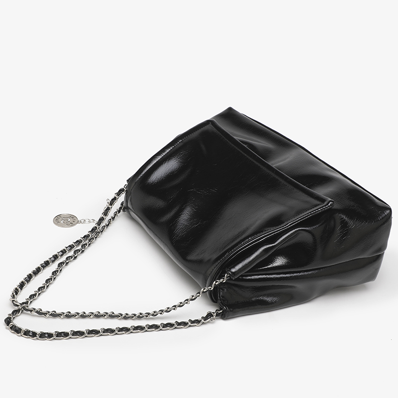 Glossy Black Patent Leather Large Chain Shoulder Tote Bag