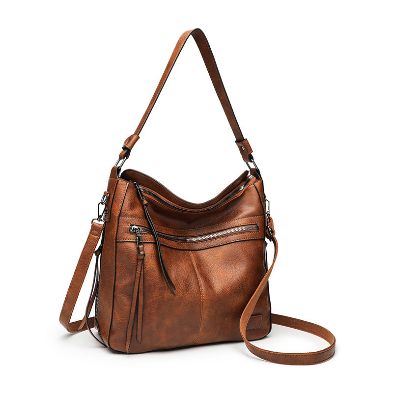 Vintage Brown Faux Leather Multi-Pocket Crossbody Hobo Bag