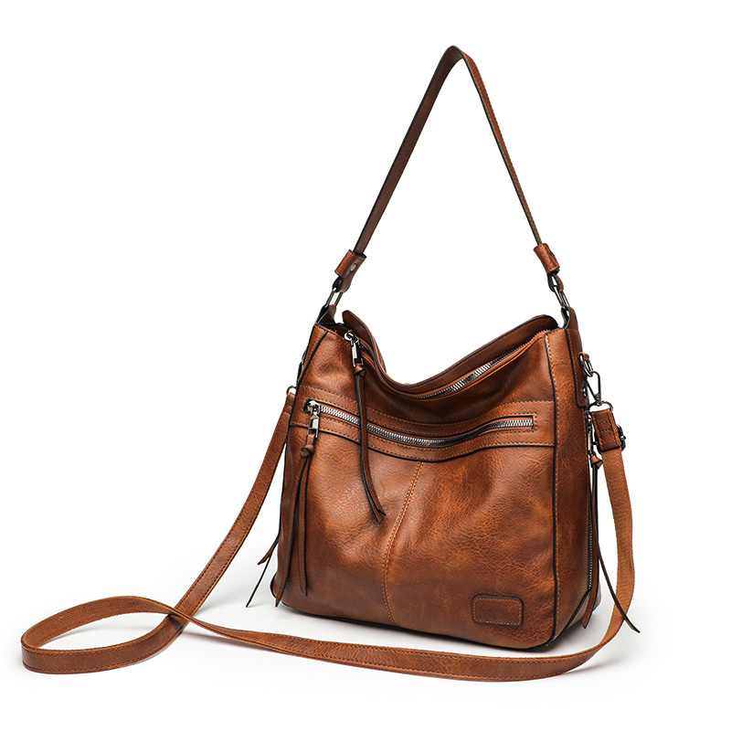 Vintage Brown Faux Leather Multi-Pocket Crossbody Hobo Bag