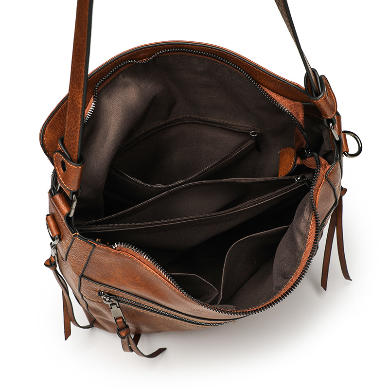 Vintage Brown Faux Leather Multi-Pocket Crossbody Hobo Bag