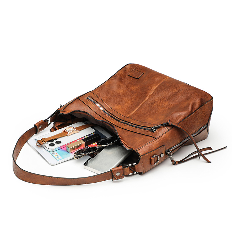 Vintage Brown Faux Leather Multi-Pocket Crossbody Hobo Bag
