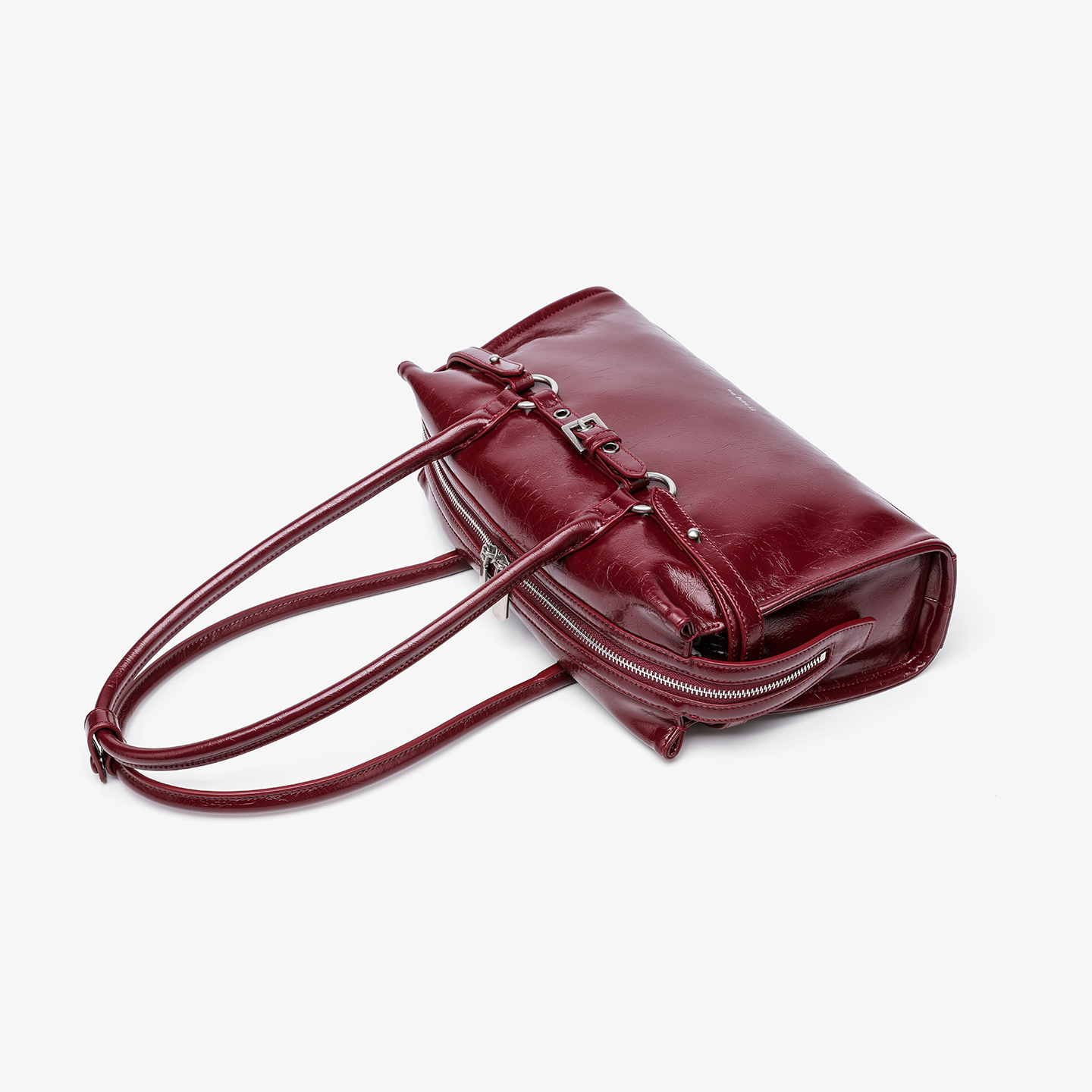 Retro Burgundy Cracked Leather Belt Buckle Shoulder Handbag