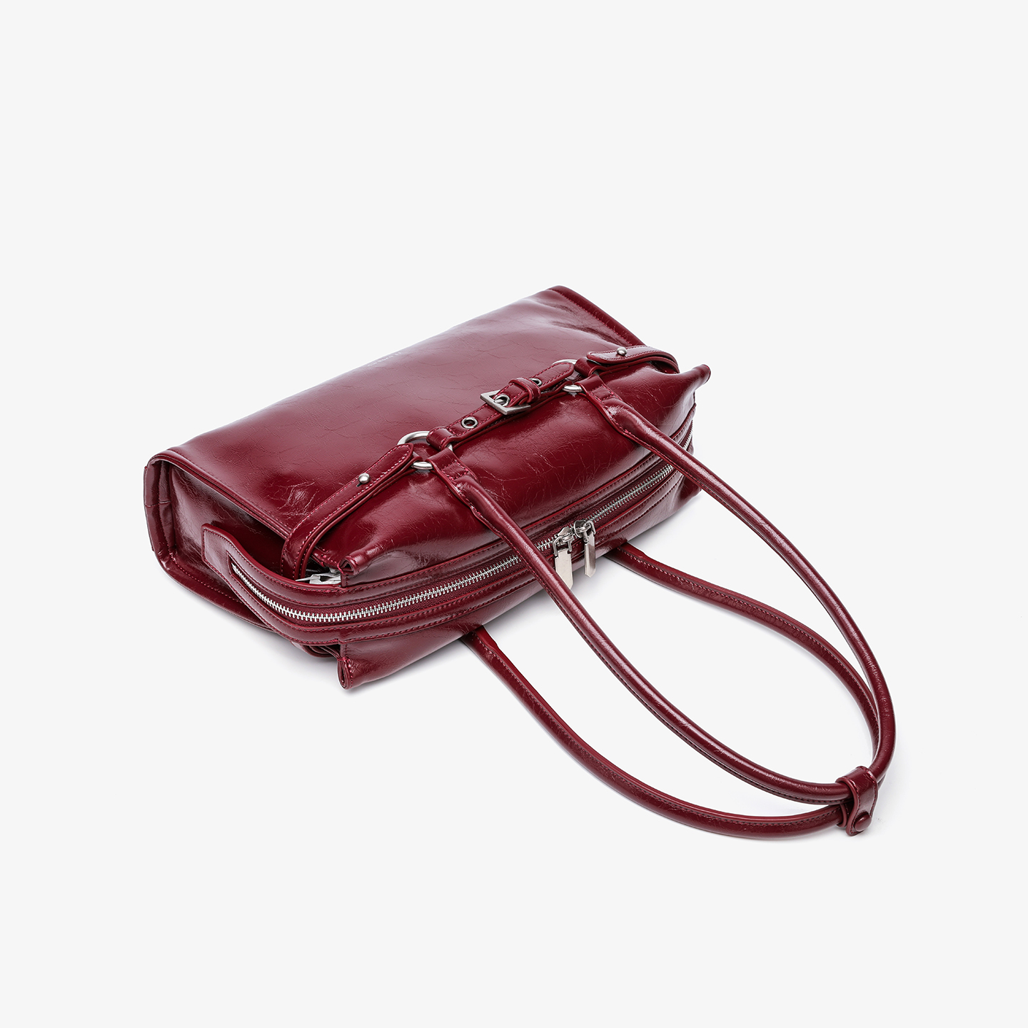 Retro Burgundy Cracked Leather Belt Buckle Shoulder Handbag