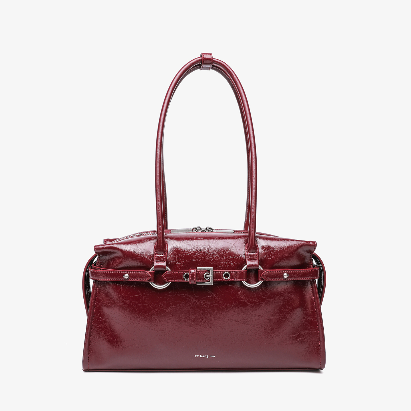 Retro Burgundy Cracked Leather Belt Buckle Shoulder Handbag