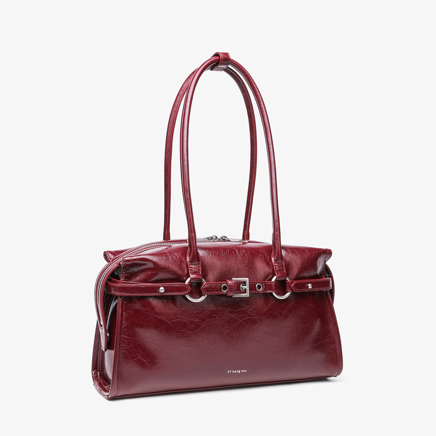 Retro Burgundy Cracked Leather Belt Buckle Shoulder Handbag