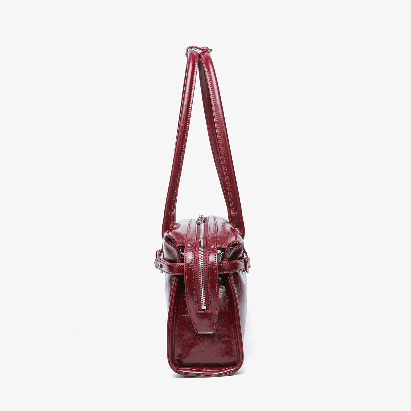 Retro Burgundy Cracked Leather Belt Buckle Shoulder Handbag