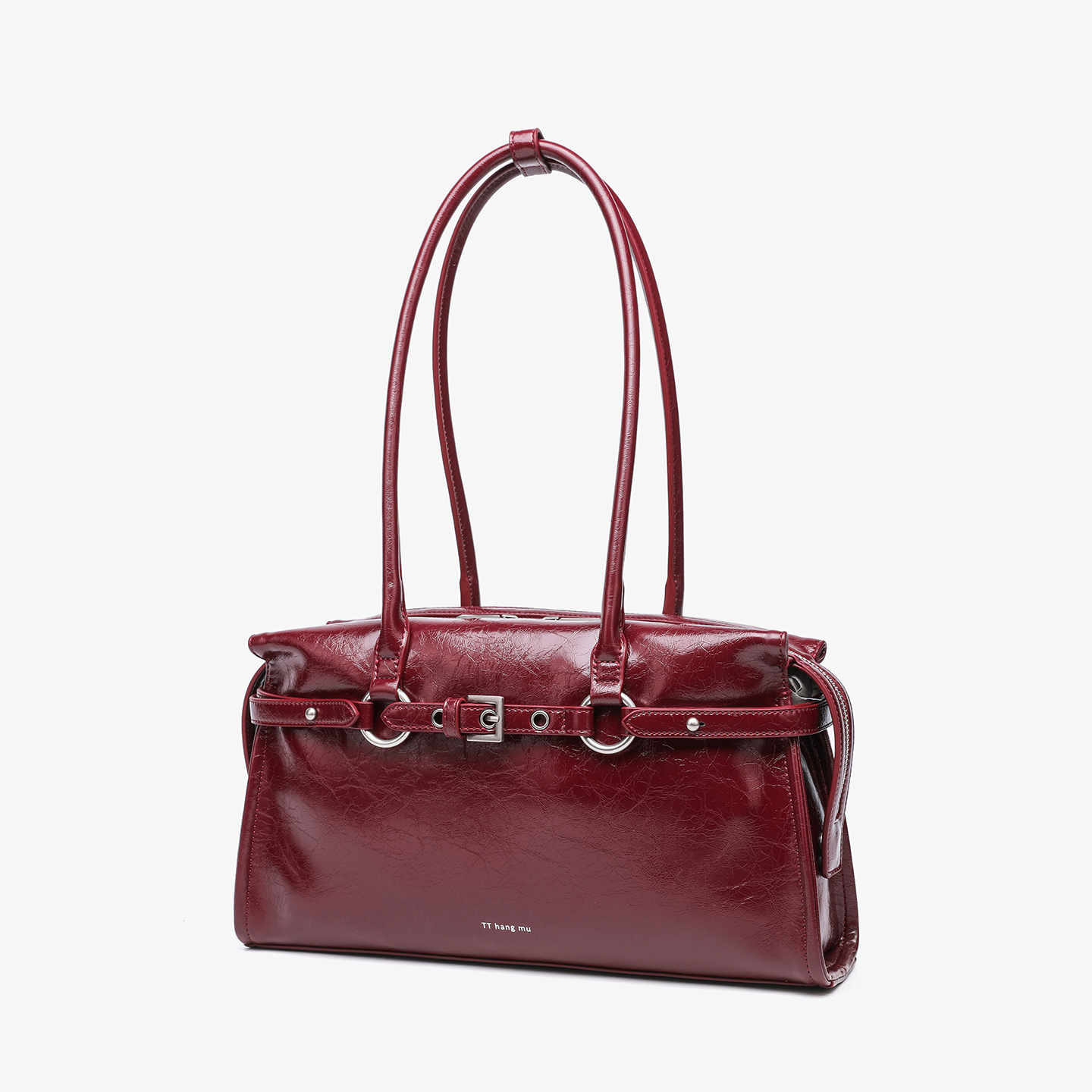 Retro Burgundy Cracked Leather Belt Buckle Shoulder Handbag