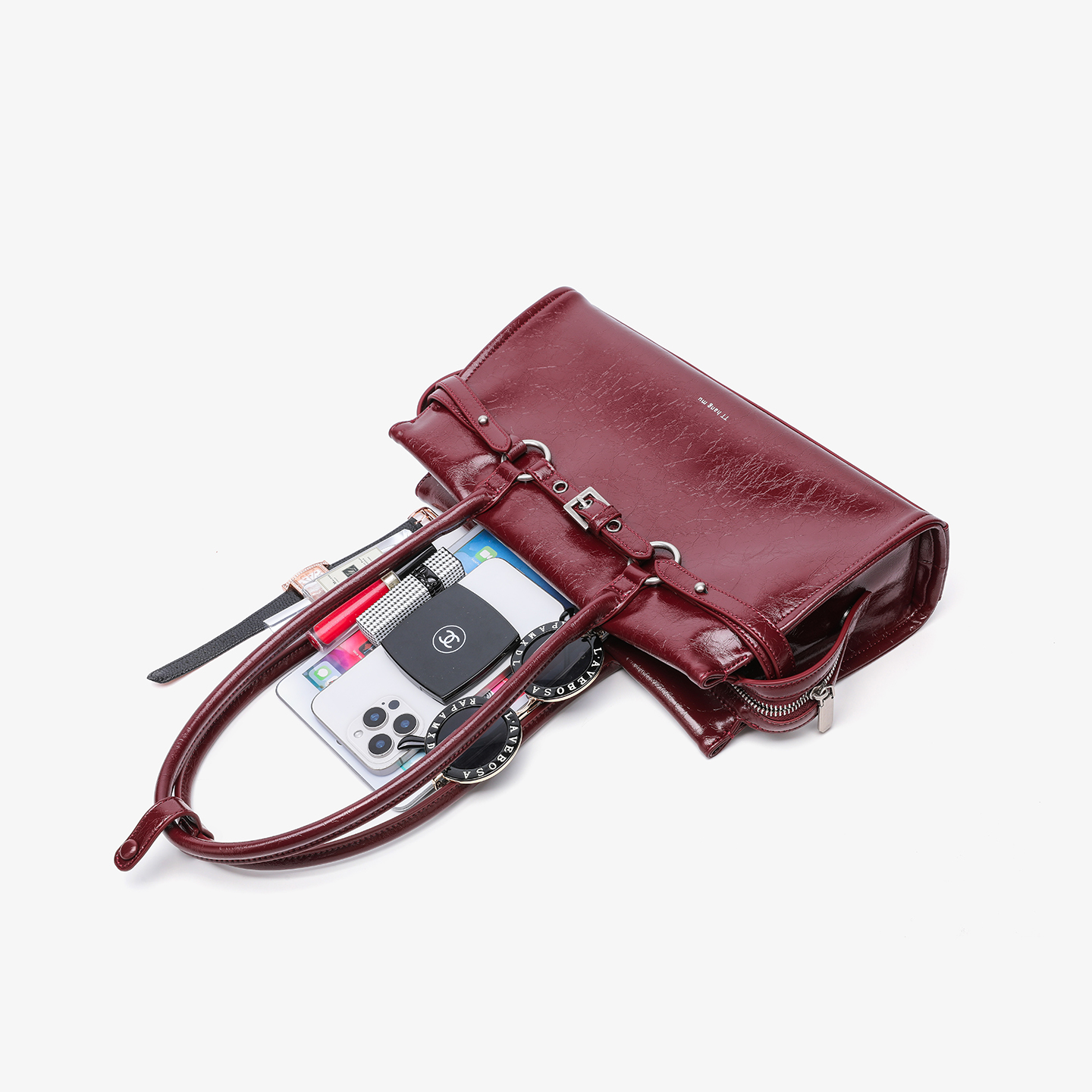 Retro Burgundy Cracked Leather Belt Buckle Shoulder Handbag