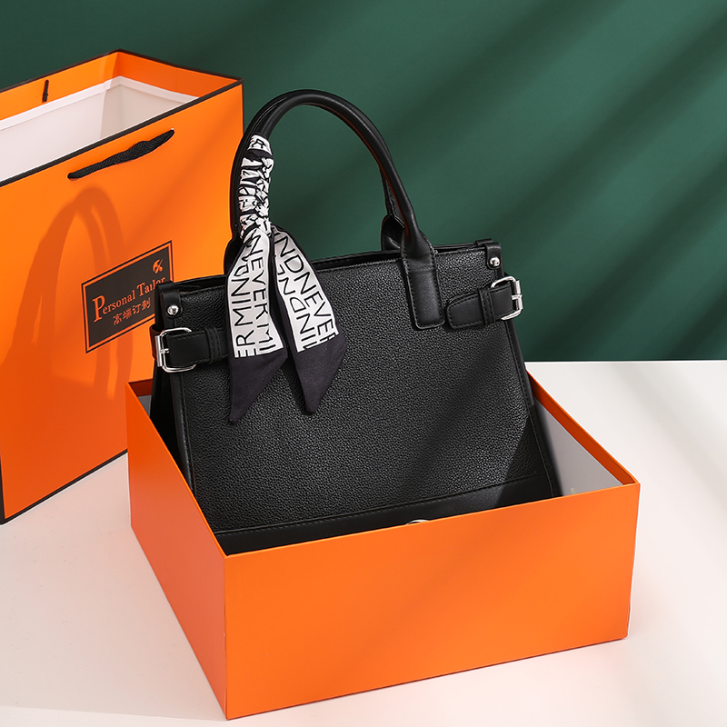 Elegant Textured Leather Handbag with Decorative Silk Scarf, Multi-color Business Tote Bag