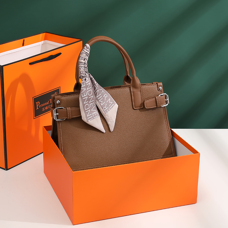 Elegant Textured Leather Handbag with Decorative Silk Scarf, Multi-color Business Tote Bag