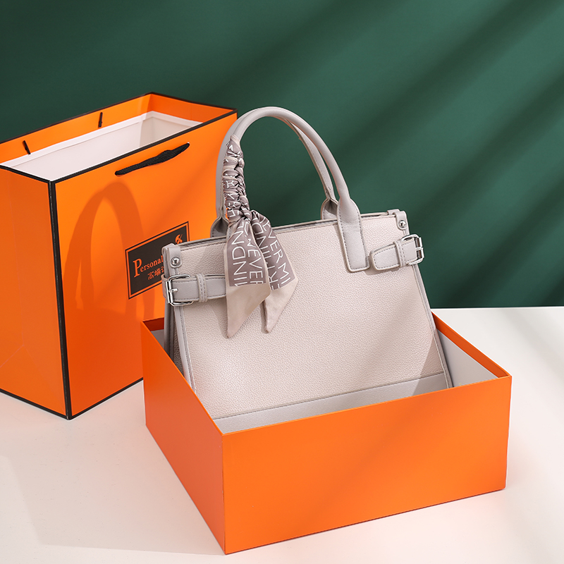 Elegant Textured Leather Handbag with Decorative Silk Scarf, Multi-color Business Tote Bag