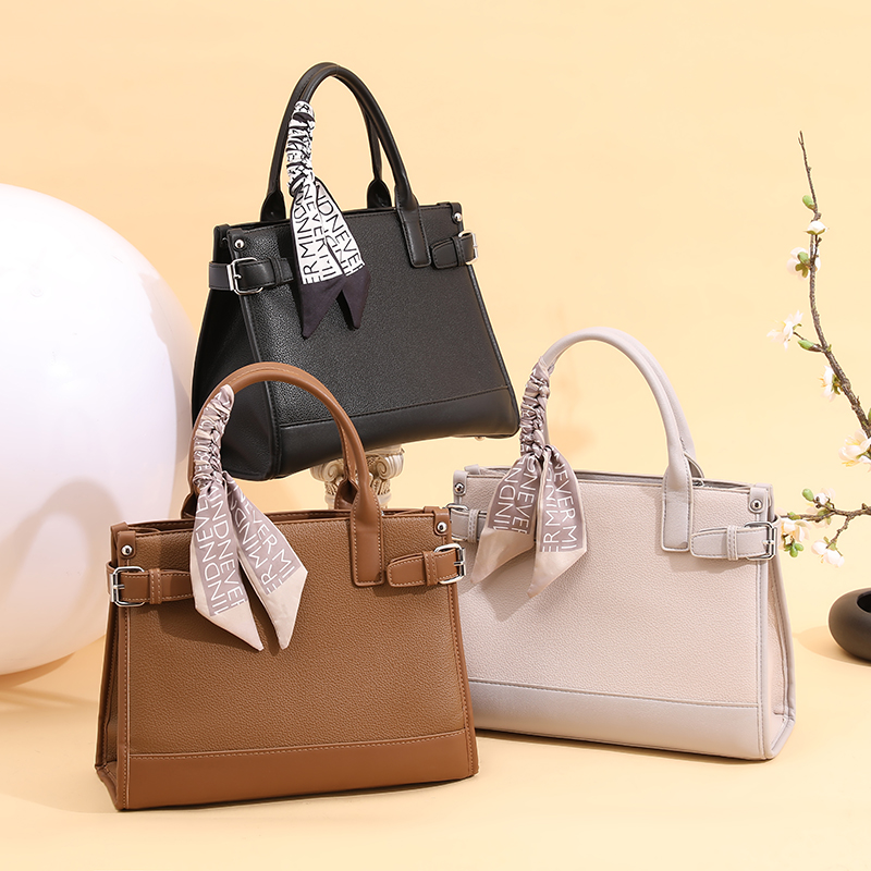 Elegant Textured Leather Handbag with Decorative Silk Scarf, Multi-color Business Tote Bag