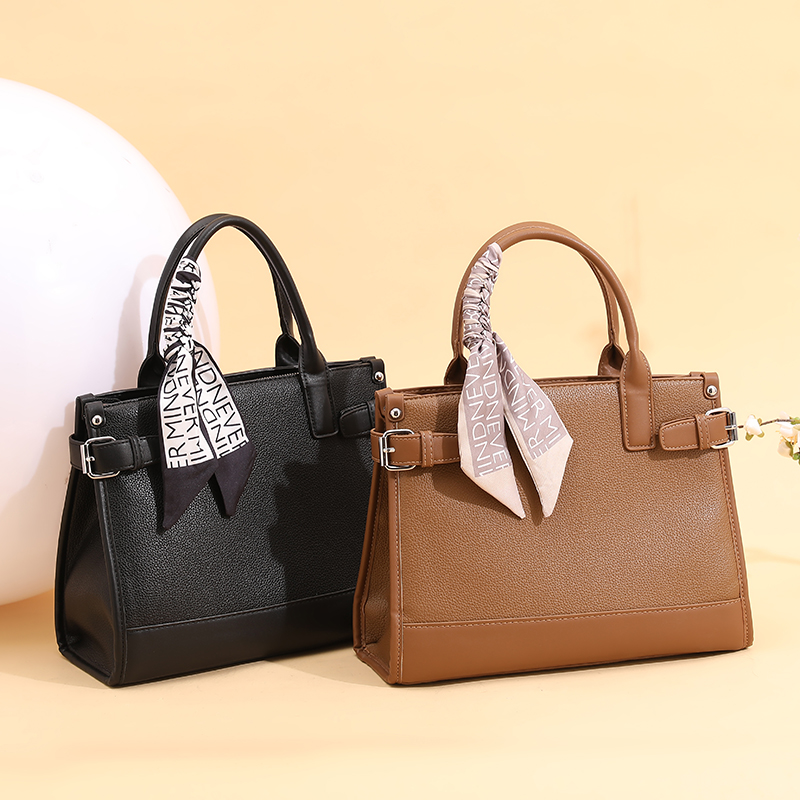 Elegant Textured Leather Handbag with Decorative Silk Scarf, Multi-color Business Tote Bag