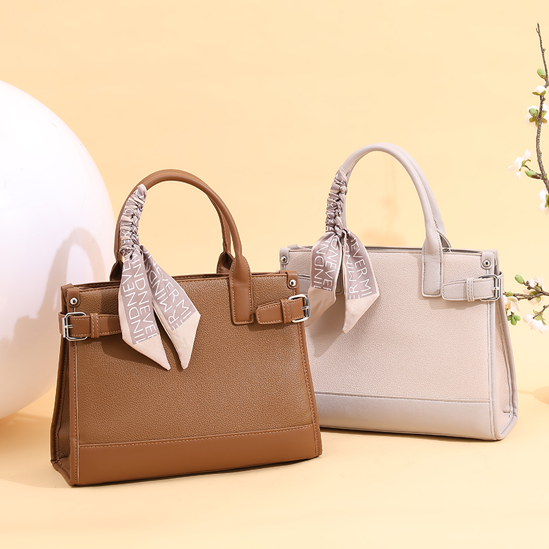Elegant Textured Leather Handbag with Decorative Silk Scarf, Multi-color Business Tote Bag