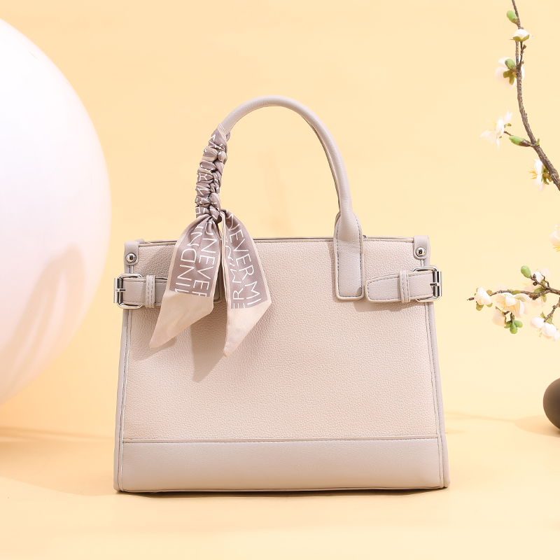 Elegant Textured Leather Handbag with Decorative Silk Scarf, Multi-color Business Tote Bag