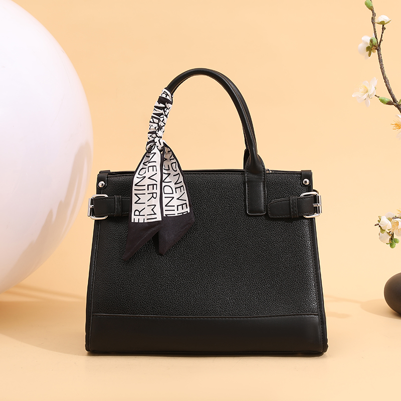 Elegant Textured Leather Handbag with Decorative Silk Scarf, Multi-color Business Tote Bag